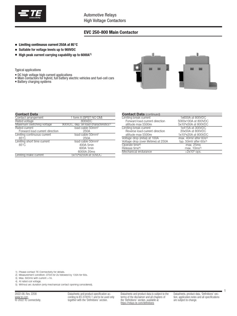 EVC 250-800 Main Contactor Specs | PDF | Electrical Connector ...