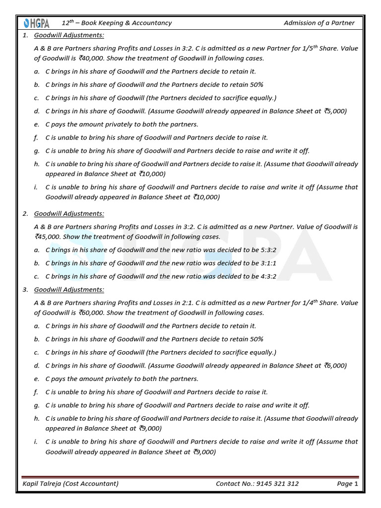 Goodwill Treatment in Partner Admission | PDF | Balance Sheet ...