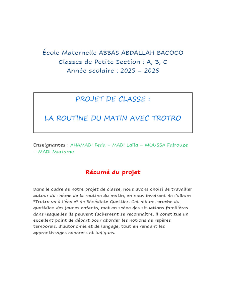 Projet Trotro : Routine Matinale Maternelle | PDF
