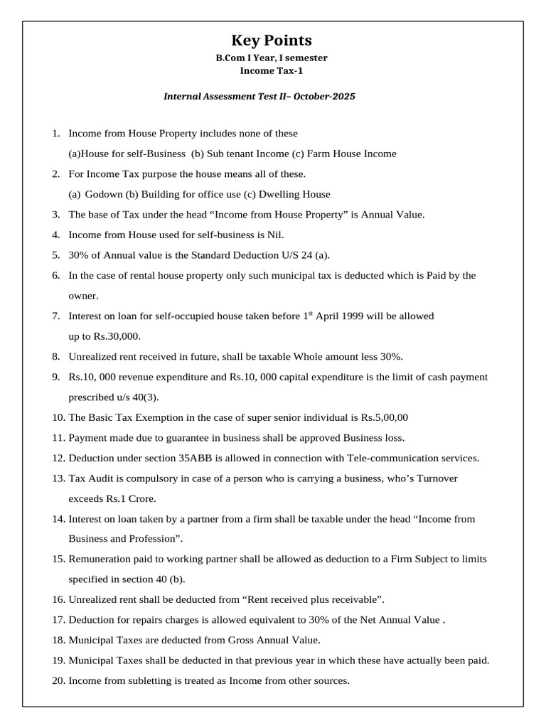 Income Tax Key Points for B.Com I Year | PDF | Employee Benefits | Salary