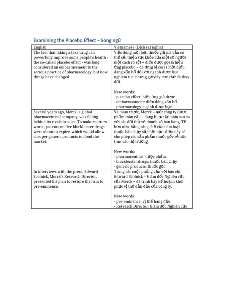 Examining The Placebo Effect Bilingual | PDF