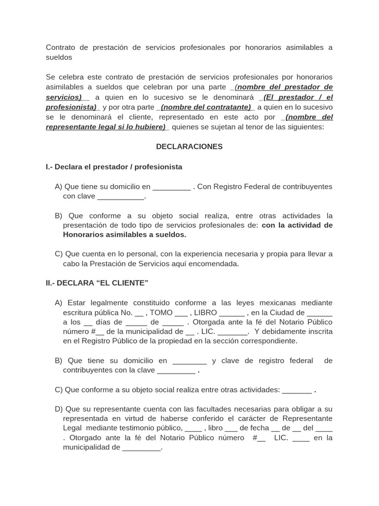 Contrato de Prestación de Servicios Profesionales Por Honorarios ...