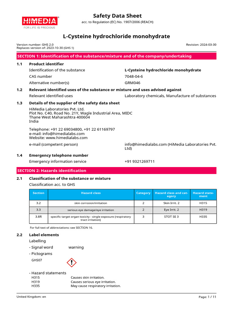 L-Cysteine Hydrochloride Safety Data Sheet | PDF | Dangerous Goods ...