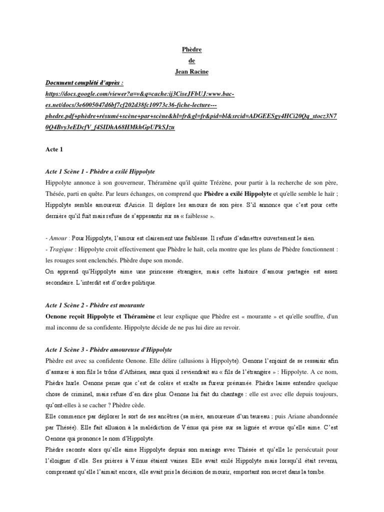 Phèdre de Racine Acte I Résumé & principaux thèmes  Fiction et