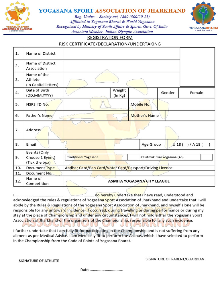 Jharkhand Yogasana Registration Form | PDF | Chess Theory | Chess