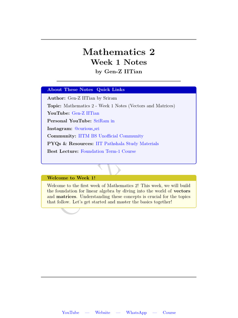 Week 1 Mathematics 2: Vectors & Matrices | PDF | Matrix (Mathematics ...