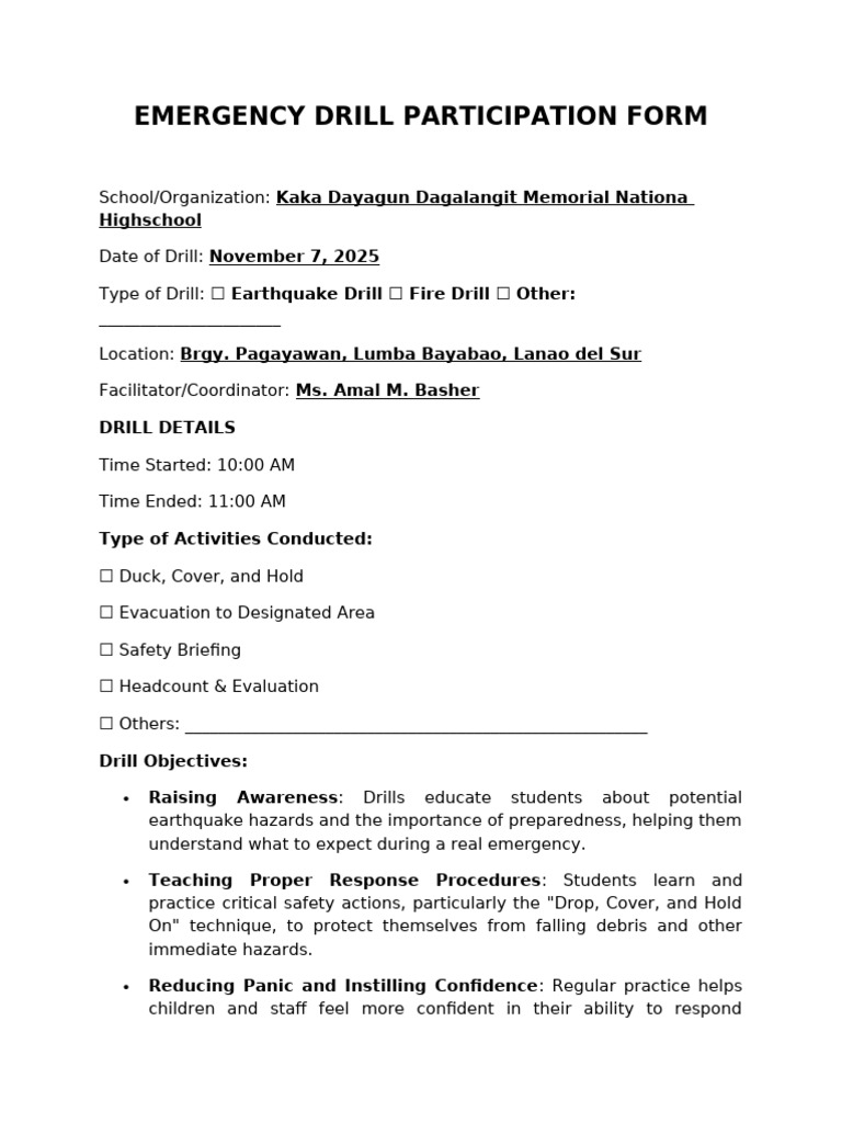 Emergency Drill Participation Form 101446 | PDF | Emergency Management ...