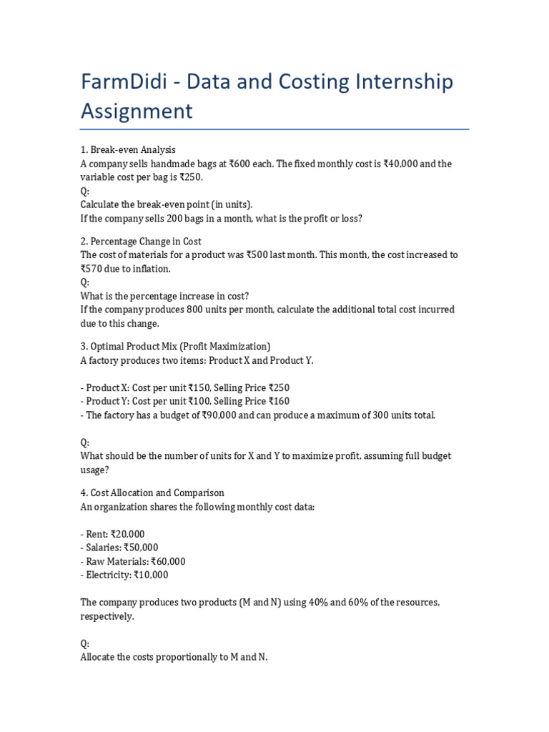 FarmDidi Internship Cost Analysis Tasks | PDF