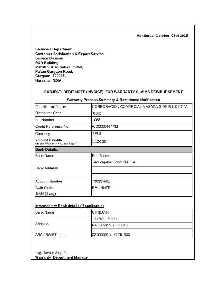 Warranty Claims Debit Note Summary | PDF | Banks | Debits And Credits