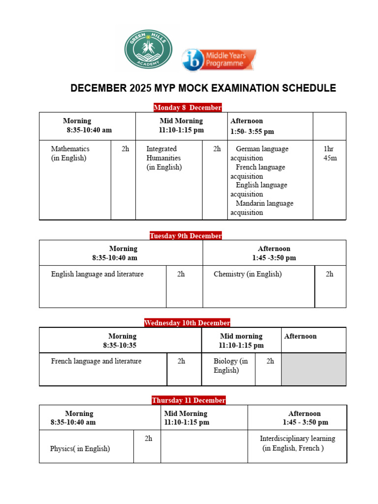 December 2025 MYP Mock Exam Schedule | PDF