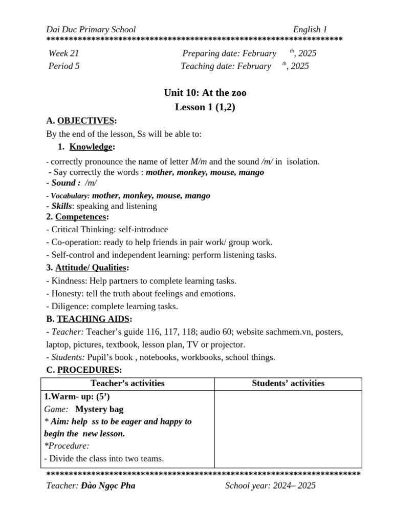 English Lesson Plan: Unit 10 at the Zoo | PDF | Lesson Plan | Learning
