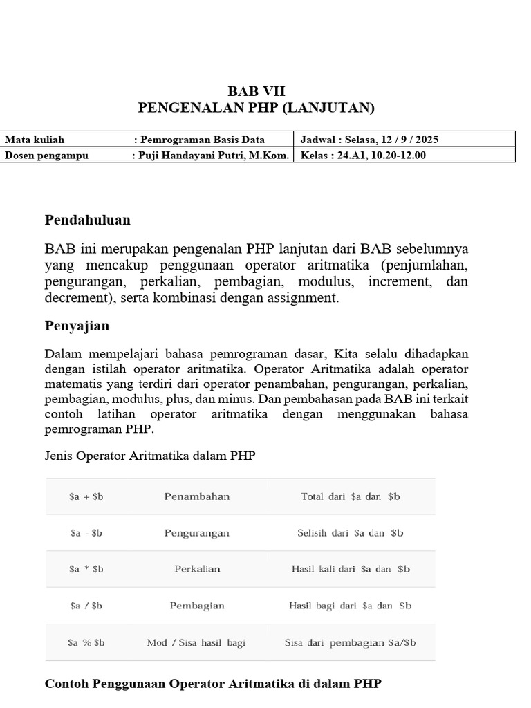 Operator Aritmatika dan Kontrol PHP | PDF