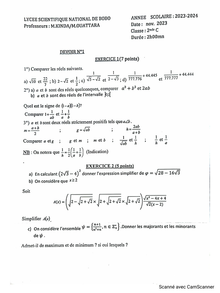Devoir Maths LSNB by Cheick Et Joseph | PDF