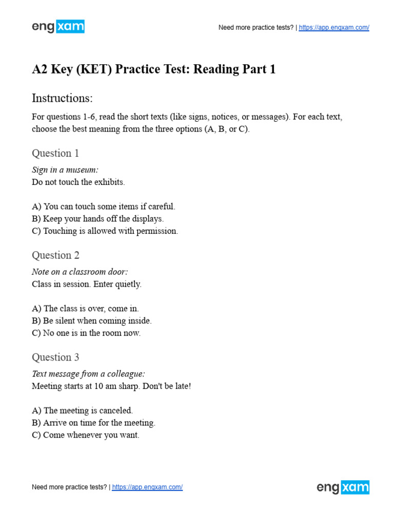 A2 Key Ket Practicie Test 3 Reeading Part 1 | PDF