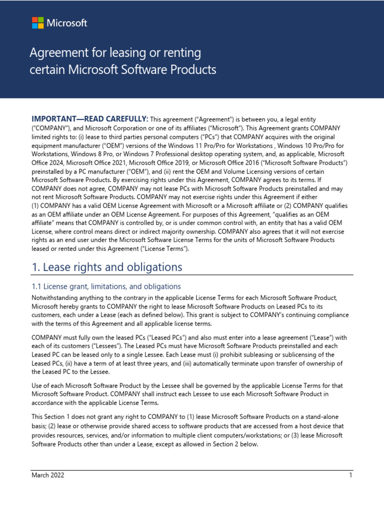 Agreement For Leasing or Renting Certain Microsoft Software Products ...