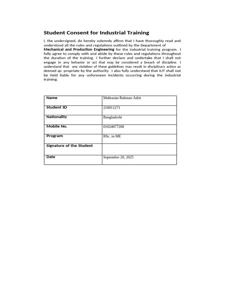 Student Consent for Industrial Training | PDF