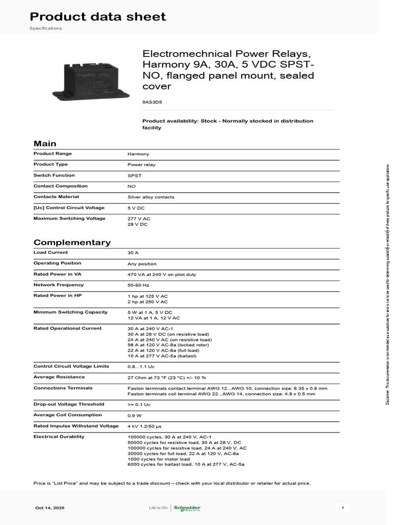Schneider Electric - SE-Relays-Power-Relays - 9AS3D5 | PDF | Relay ...