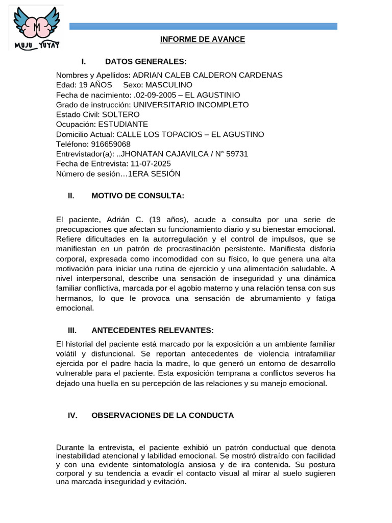 Informe de Avance Psicológico de Adrián | PDF | Las emociones | Memoria
