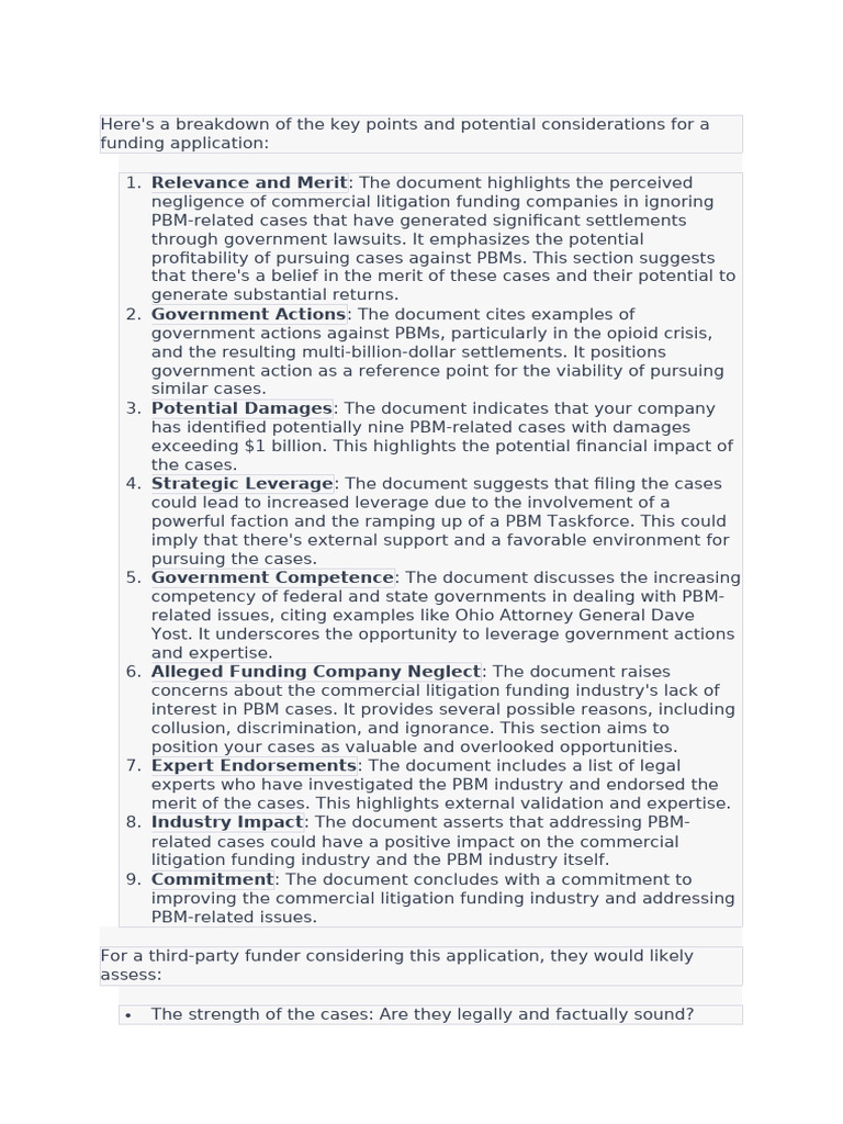 PBM Litigation Funding Application Insights | PDF | Lawsuit | Risk