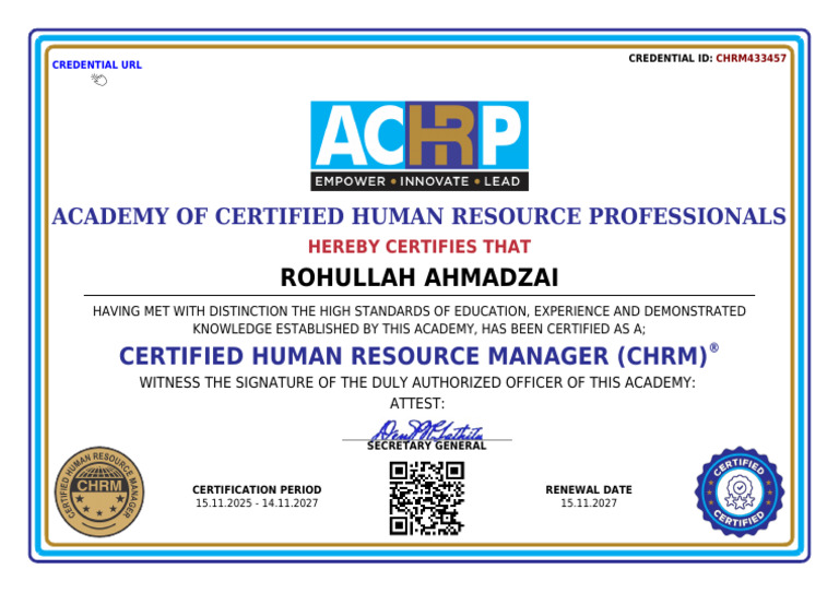Certificate - Certified Human Resource Manager - CHRM-١ | PDF