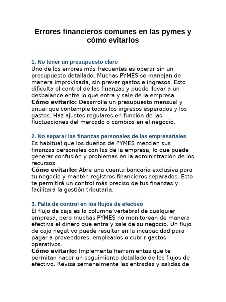Errores Financieros Comunes en Las Pymes y Cómo Evitarlos NICOLAS | PDF ...