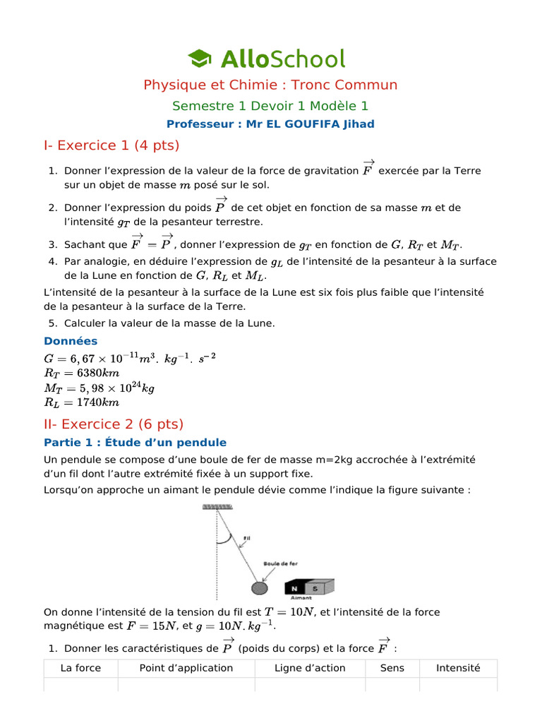 Devoir de Physique-Chimie : Tronc Commun S1 | PDF | Poids | Masse
