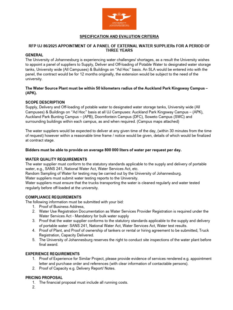 UJ Water Supplier RFP 2025 Guidelines | PDF