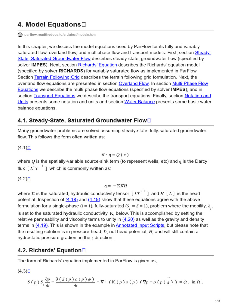 ParFlow Model Equations Overview | PDF | Fluid Dynamics | Physics