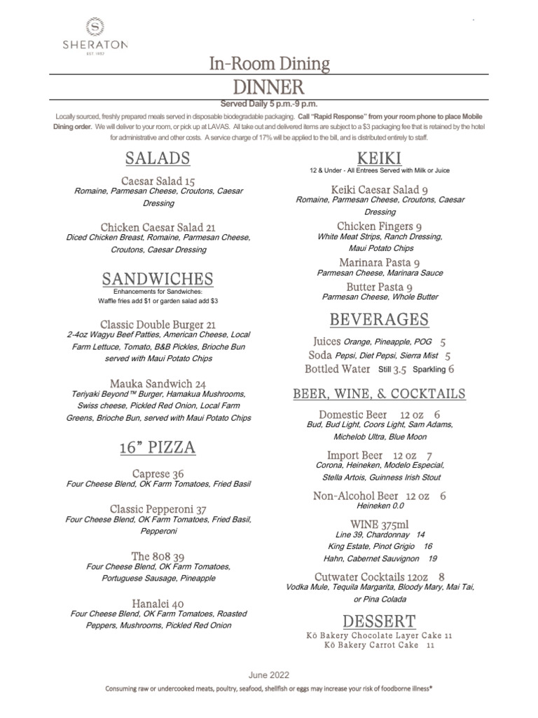 In-Room Dining Menu at Sheraton Kauai | PDF | Hamburgers | Salad