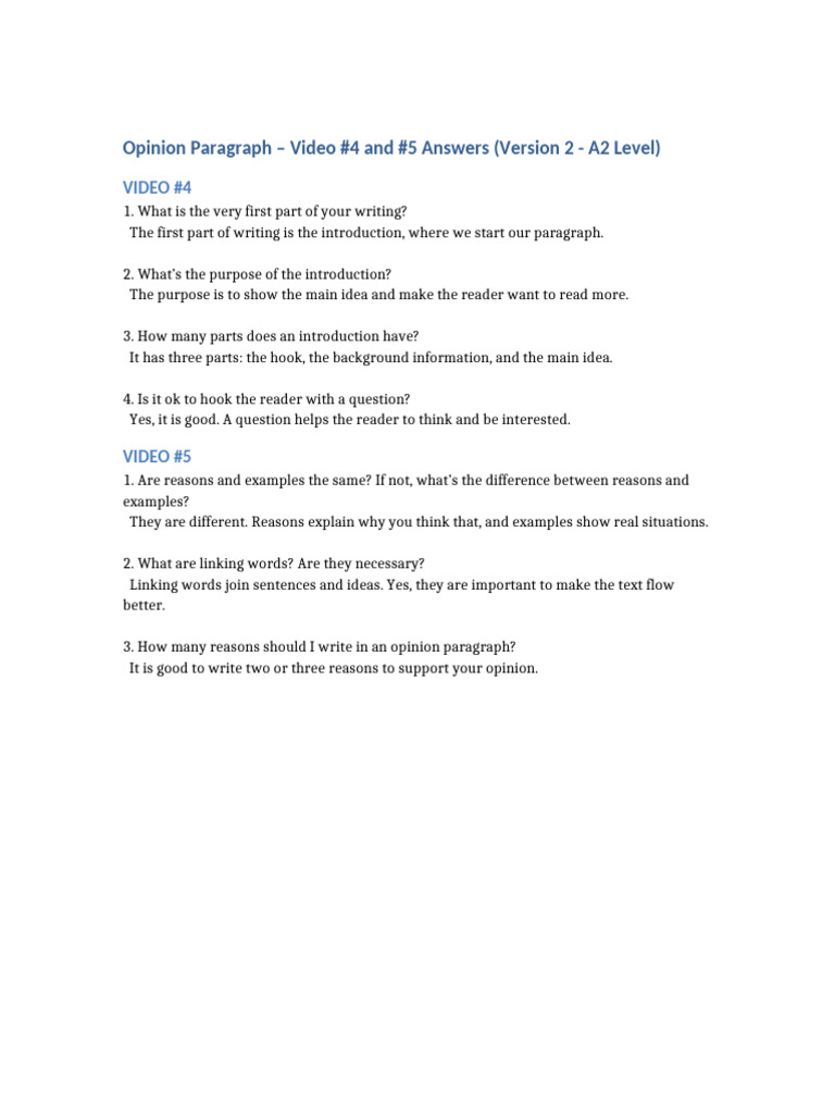 Opinion Paragraph Video Answers A2 V2 | PDF