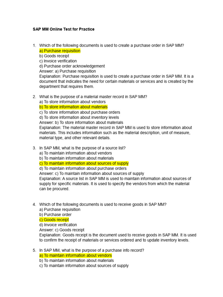 SAP MM Practice Test Questions | PDF | Logistics | Inventory
