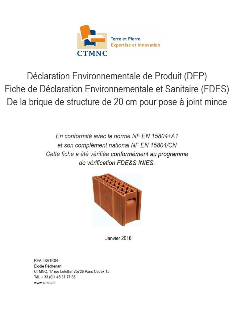 FDES Brique 20 cm : Normes et Impact Environnemental | PDF | Analyse du ...