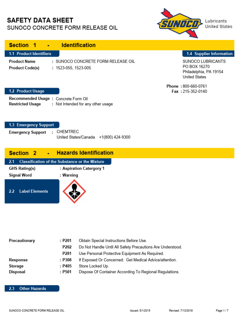 Sunoco Concrete Form Release Oil SDS | PDF | First Aid | Combustion