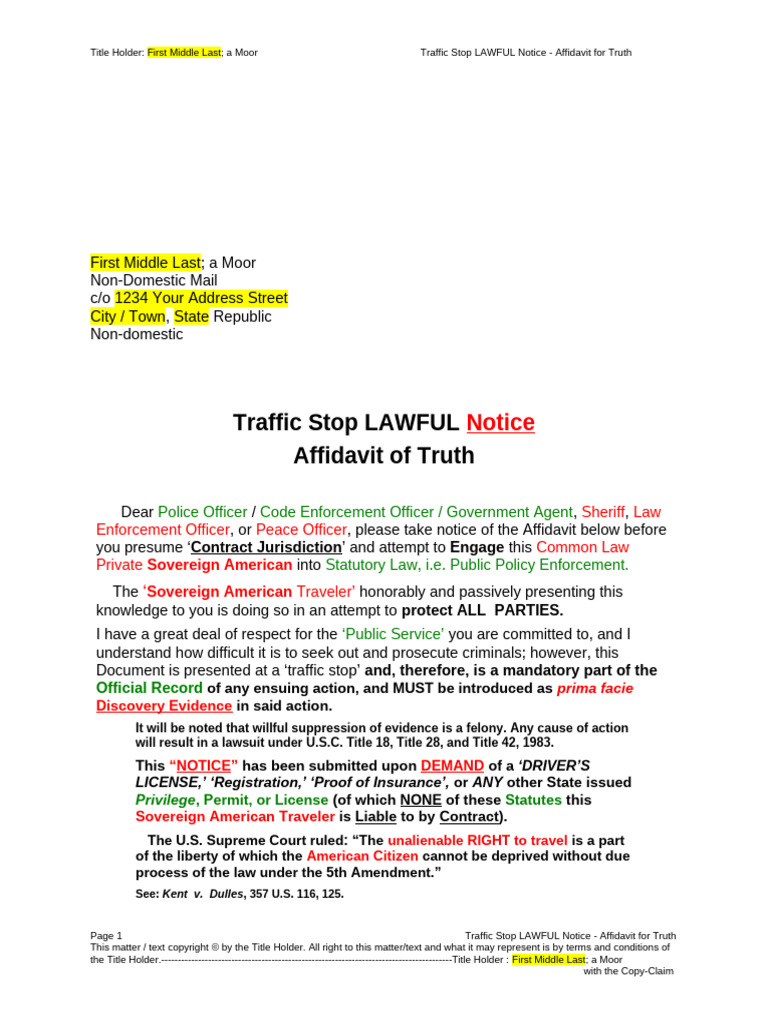 Traffic Stop Notice Template | PDF | Arrest Warrant | Fifth Amendment ...