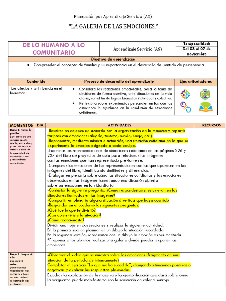 Planeación de Aprendizaje Servicio Emocional | PDF | Las emociones ...