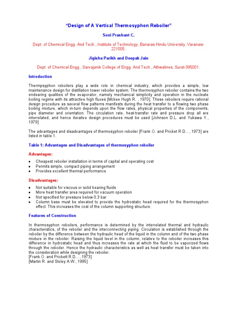 Design of a Vertical Thermosyphon Reboiler Heat Transfer Boiling