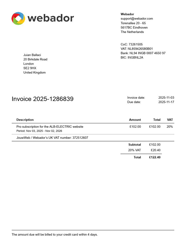 ALB-ELECTRIC Pro Subscription Invoice | PDF