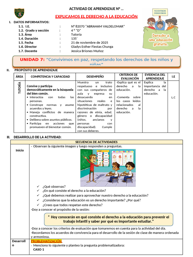 Derecho a la Educación en Tutoría 4D | PDF | Igualdad social | Derechos ...