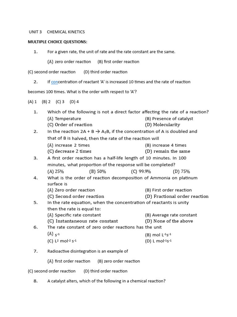 Chemical Kinetics MCQs and Answers | PDF | Reaction Rate | Activation ...
