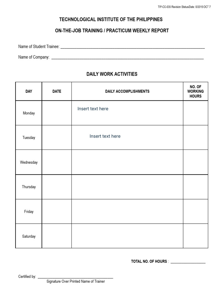 TIP-CC-035 OJT or Practicum Weekly Report | PDF