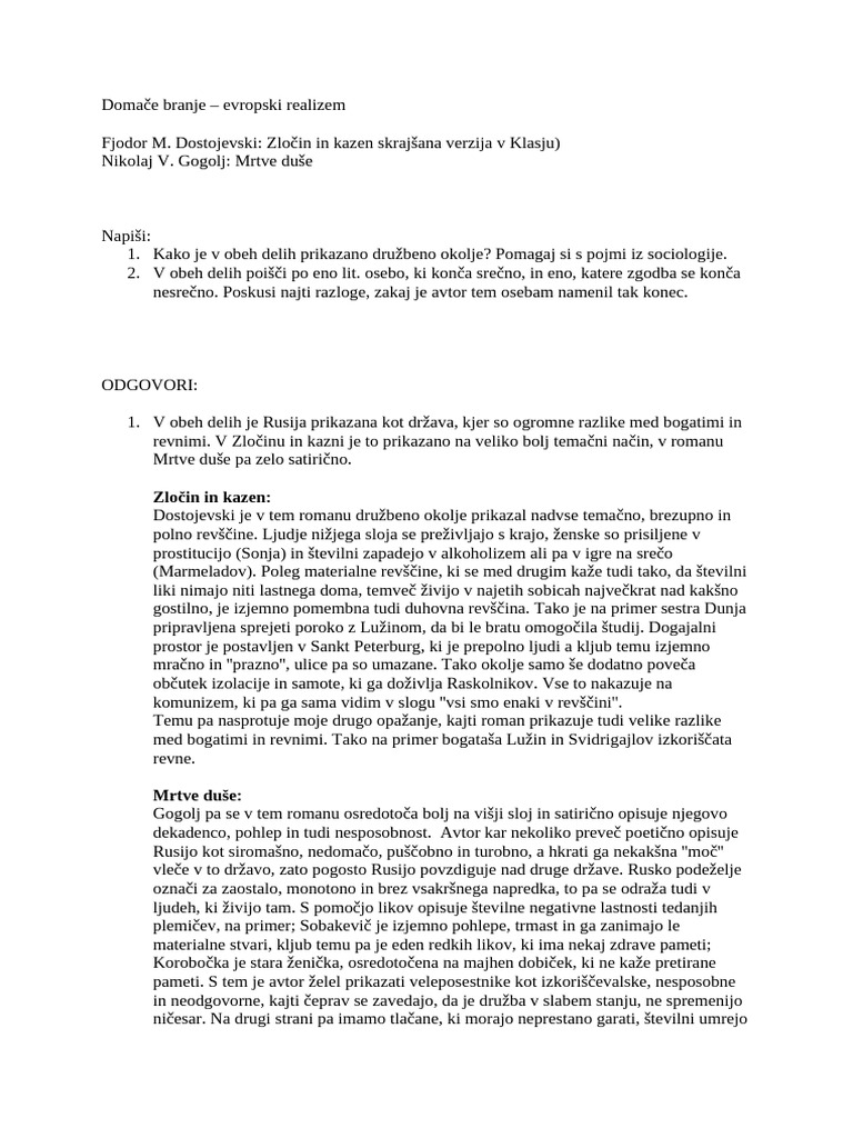 Domače Branje Realizem | PDF
