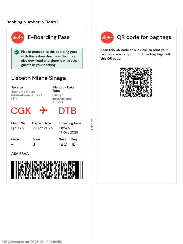 E-Boarding Pass for Flight QZ 728 | PDF