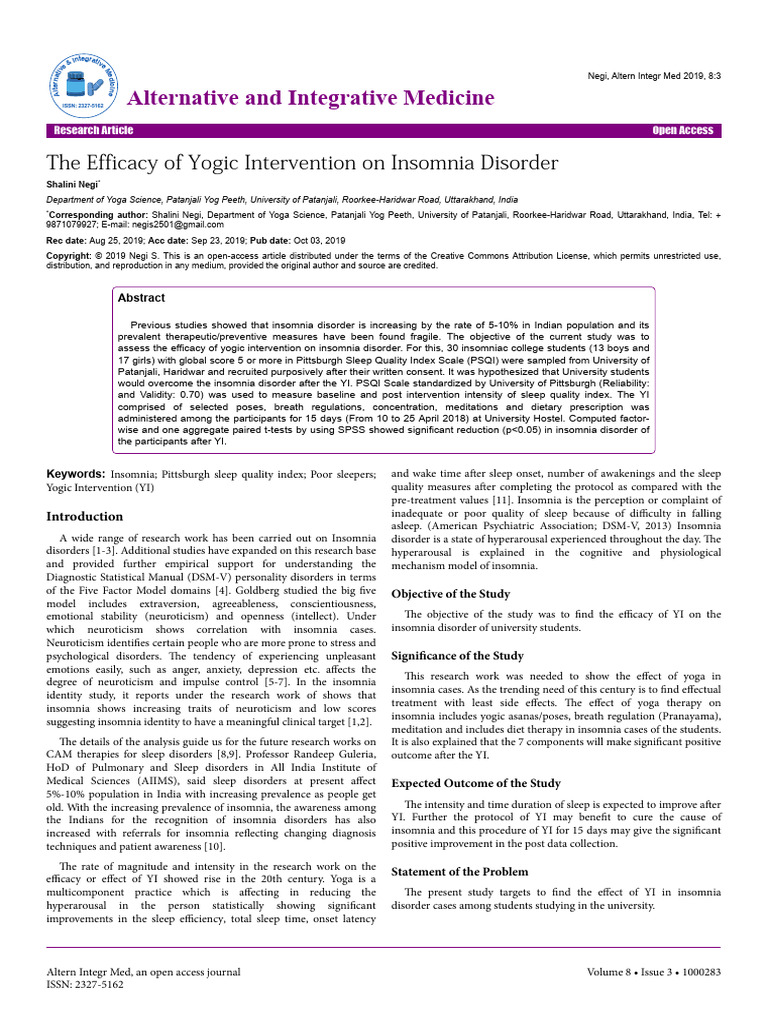 The Efficacy of Yogic Intervention On Insomnia Disorder | PDF ...