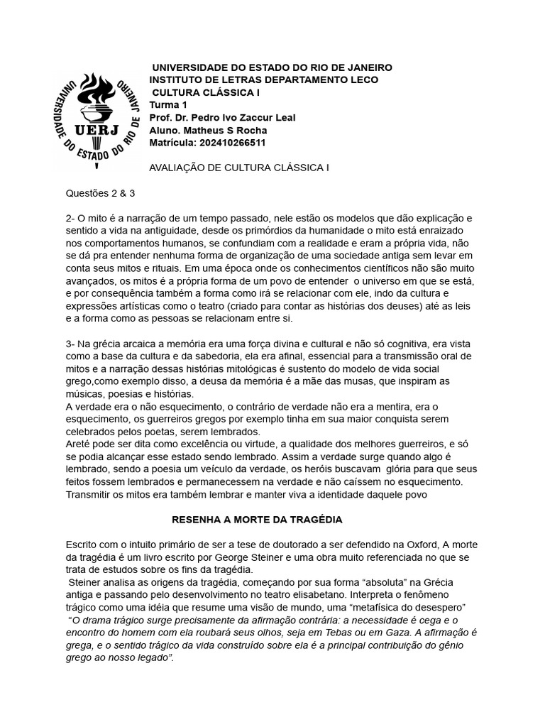 Mitos e Tragédia na Cultura Grega | PDF | Mitologia grega | Tragédia