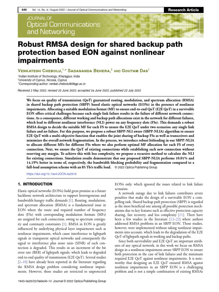 Robust RMSA design for shared backup path protection based EON against ...