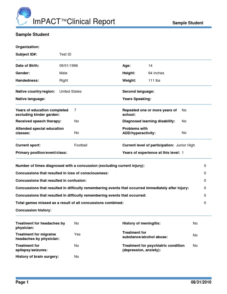ImPACT Clinical Report for Student Athlete | PDF | Self-Improvement