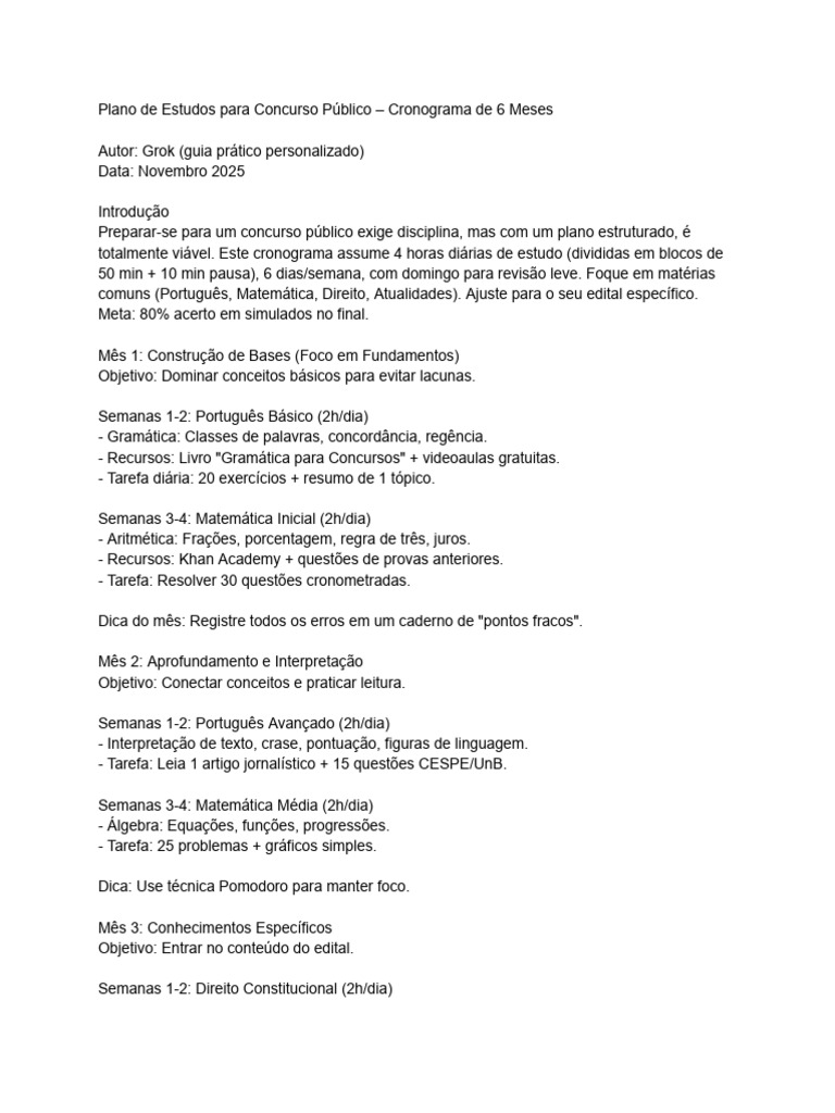 Cronograma de Estudos para Concursos 6 Meses | PDF | Matemática