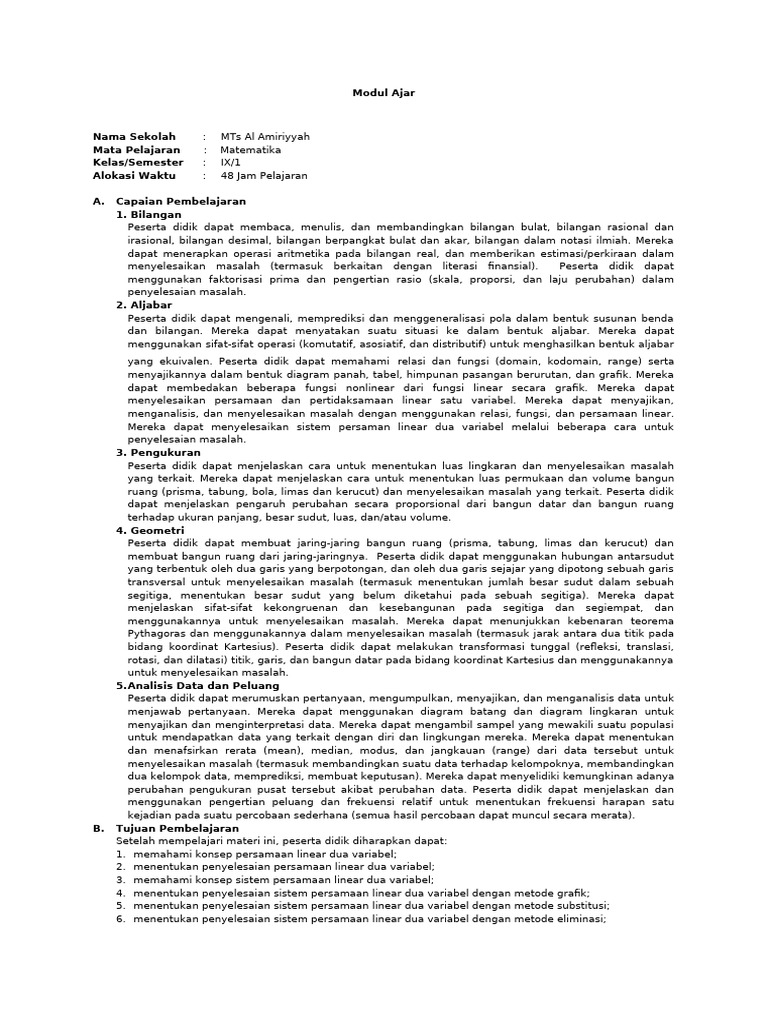 Modul Ajar Matematika Kelas IX | PDF