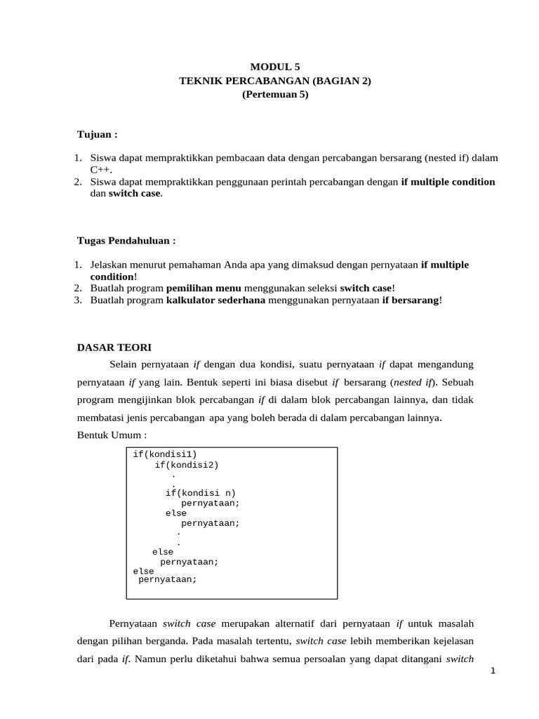 Teknik Percabangan C++: Nested If & Switch | PDF