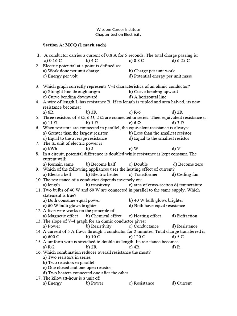Electricity Chapter Test MCQs and Answers | PDF | Series And Parallel ...
